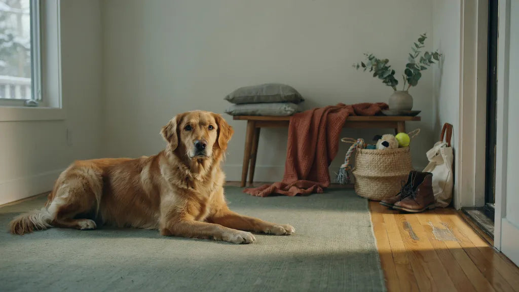 A calm golden-coated dog resting on a sage-green rug near the front entryway of a Canadian home in warm morning light, with a terracotta throw blanket and a basket of dog toys nearby