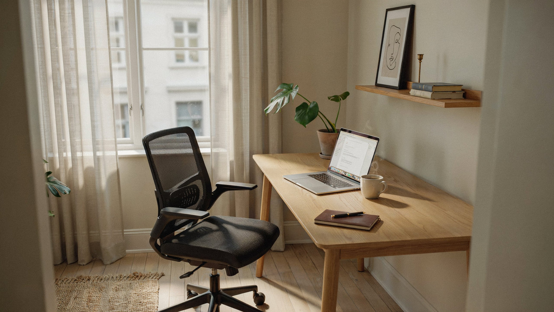 Stylish modern home office with ergonomic mesh chair and natural light