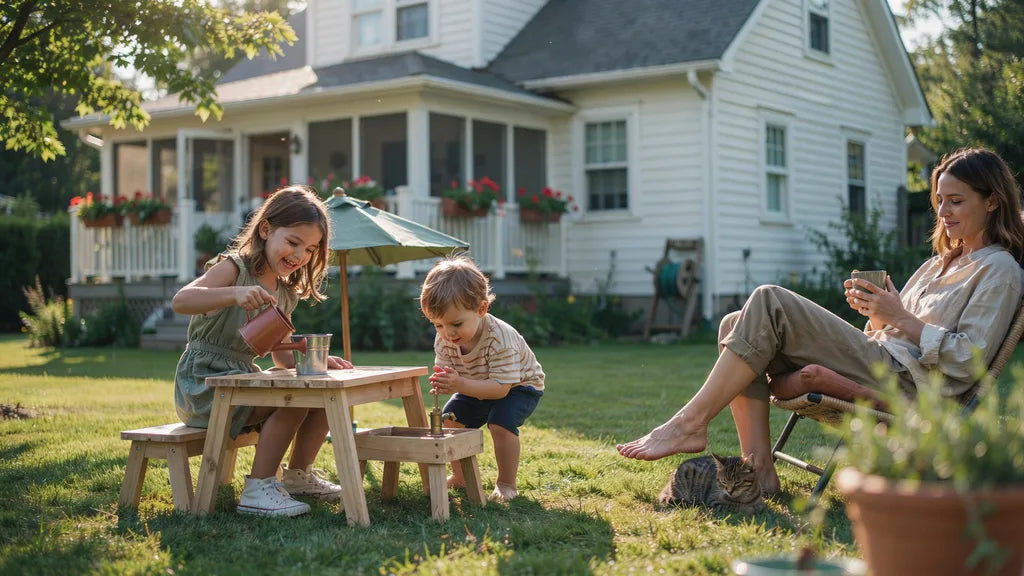 Two young children playing at a kid-sized picnic table and water table in a sunny Canadian backyard while a parent relaxes nearby