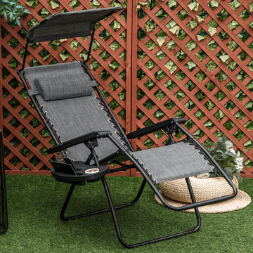 Outdoor Zero Gravity Reclining Lounger Chair with Canopy Shade, Side Tray, Cupholder, Light Grey