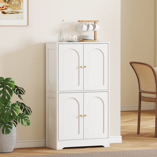Garde-manger de cuisine 43 po, armoire de rangement moderne autoportante avec 4 portes cintrées et 2 étagères réglables, blanc