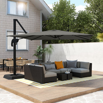 10 FT Patio Umbrella with Base, Outdoor Offset Cantilever Umbrella with Crank Handle and Tilt, 360° Rotation