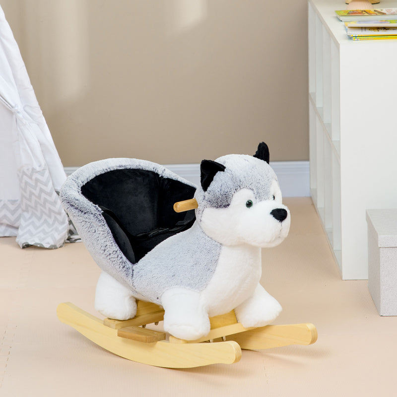 Qaba Baby Rocking Horse, Plush Animal Rocker for Toddlers Aged 18-36 Months, Stuffed Ride Toy with Sounds, Seat Belt, Grey