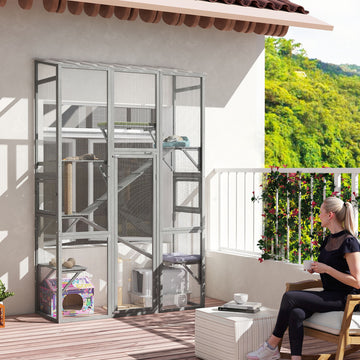 Wooden Catio Outdoor Cat Enclosure with 6 Jumping Platforms, Scratching Post, 2 Ramps, Waterproof Roof, Grey