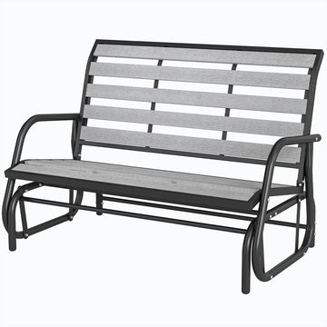2 Person Outdoor Glider Bench, Patio Glider Loveseat with Faux Wood Slatted Seat and Back, Steel Frame, Grey