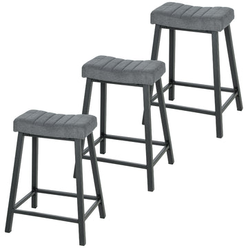 Set of 3 Bar Stools, Velvet Upholstered Counter Stools with Curved Seat and Footrest for Kitchen Island, Grey