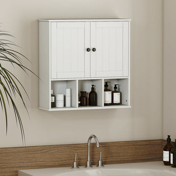 Farmhouse Bathroom Wall Cabinet, Wall Mounted Medicine Cabinet with Adjustable Shelf, Open Compartments, White