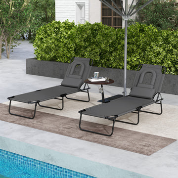 Folding Outdoor Lounge Chair Set of 2, Adjustable Patio Chaise Lounge with Face Hole, Reclining Tanning Chair, Folding Camping Beach Lounging Bed w/ Head Support, Grey