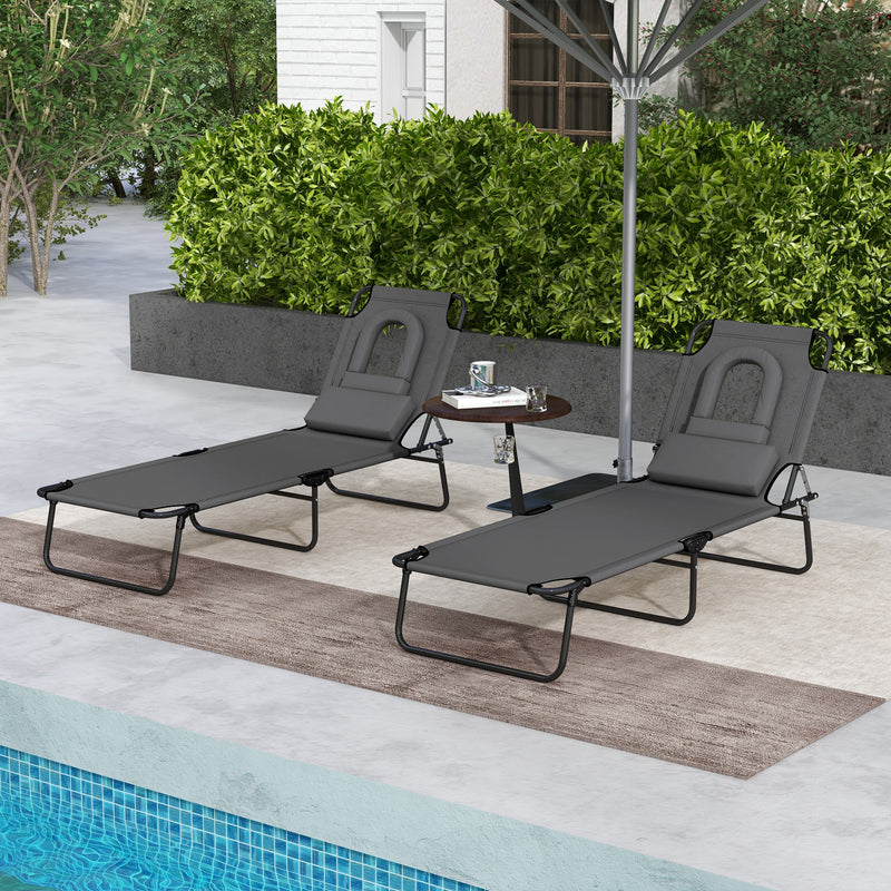 Folding Outdoor Lounge Chair Set of 2, Adjustable Patio Chaise Lounge with Face Hole, Reclining Tanning Chair, Folding Camping Beach Lounging Bed w/ Head Support, Grey