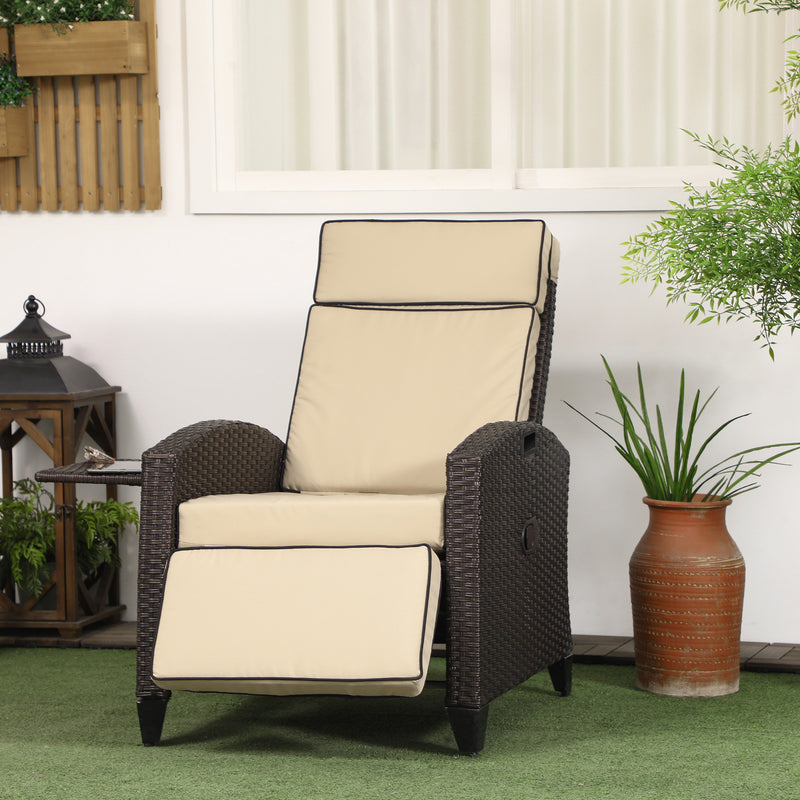 Wicker Recliner Chair with Adjustable Backrest and Footrest, Washable Cushion, Side Tray, Khaki
