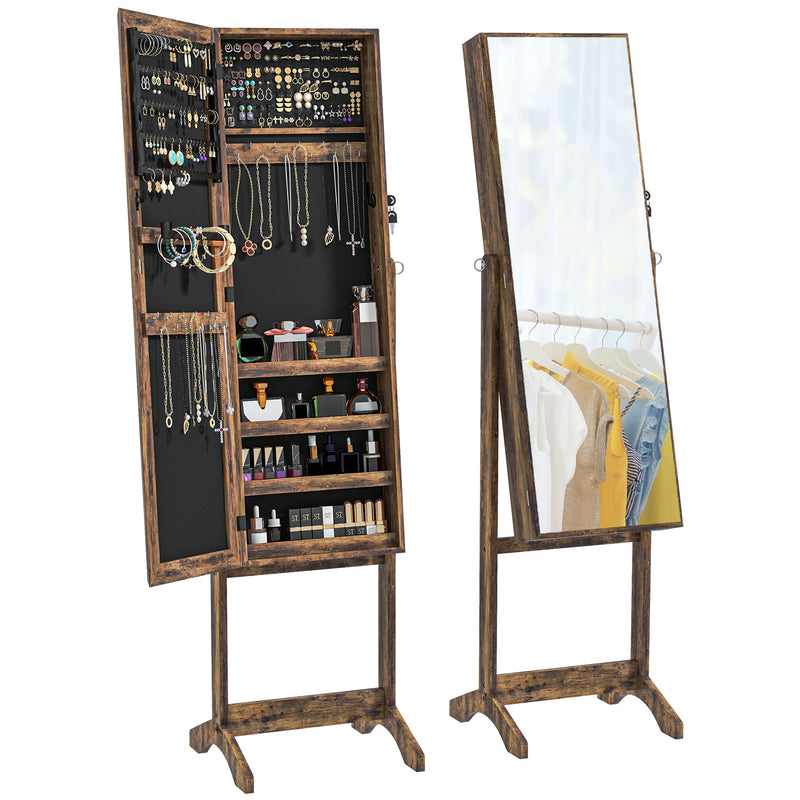 Mirror Jewelry Cabinet Armoire, Lockable Jewelry Organizer with Full-Length Mirror, 3 Angle Adjustable, Grey