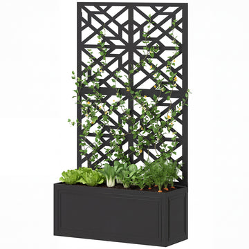 Metal Raised Garden Bed with Trellis for Climbing Plants, Freestanding or Wall Mounted Flower Bed with Privacy Panel