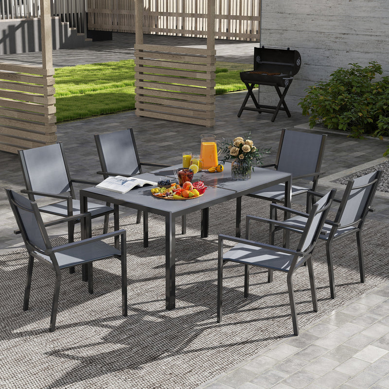 7 Piece Outdoor Dining Set with 6 Stackable Chairs, Rectangle Table, WPC Slatted Top, Rust-Resistant Steel Frame