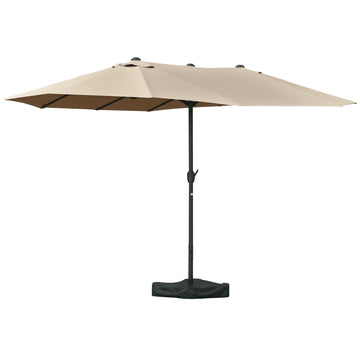 15' Outdoor Patio Umbrella with Twin Canopy Sunshade Steel Table Umbrella with Lift Crank, Cross base, Sandbag, Khaki