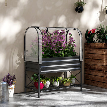 Raised Garden Bed with Cover, Metal Elevated Planter Box with Bottom Shelf and Liner, Black