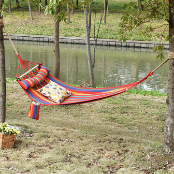 Cotton Hammock Portable Soft Swing Sleeping w/ Headrest & Side Pocket Deluxe Swing Chair for Beach, Yard, Bedroom, Patio, Porch, Indoor, Outdoor, Rainbow Stripes