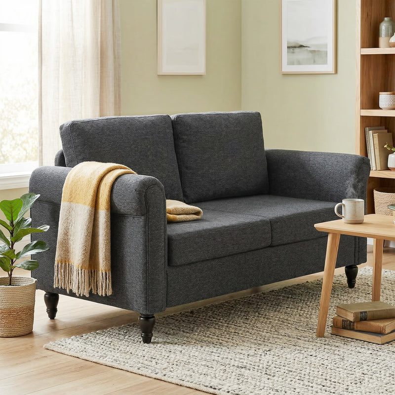 Vintage Loveseat, Upholstered Love Seat Furniture, Chenille-feel Fabric 2 Seater Sofa Couch with Rolled Arms, Gourd-Shaped Rubber Wood Legs for Living Room