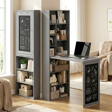 Fold-out Convertible Office Desk, Wall Mount Computer Desk with Blackboard and Side Shelf, Charcoal Grey