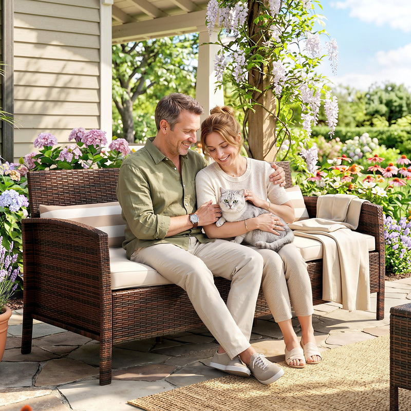 Canapé 3 places en osier, mobilier de conversation d'extérieur en rotin PE avec coussins amovibles pour patio, jardin, Marron