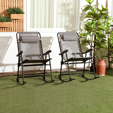 2pc Patio Foldable Rocking Chair Set w/ Breathable Mesh Seat & Backrest, Headrest for Park, Backyard, Garden, Grey