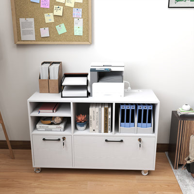 File Cabinet, 2 Drawer Mobile Lateral Filing Cabinet Printer Stand with Lock, Charging Station, Hanging Bars, White