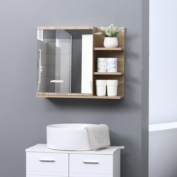 Armoire à pharmacie avec miroir, armoire murale de salle de bain avec miroir, meuble mural de salle de bain avec 3 étagères ouvertes, naturel
