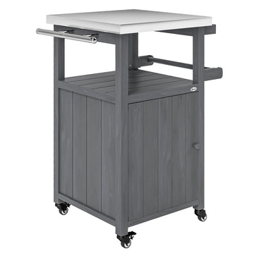 Grill Table with Stainless Steel Top, Pizza Oven Table with Storage Cabinet, Spice Rack, Wheels, Handle, Dark Grey