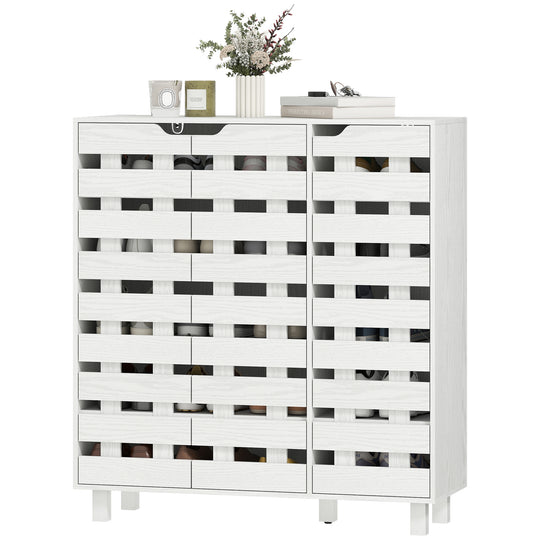 Shoe Cabinet, 20 Pair Shoe Storage Cabinet with Hollowed-Out Doors, White