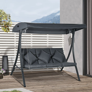 3-Person Patio Swing Chair, Outdoor Porch Swing Bench with Adjustable Canopy, Cushioned Seat, Dark Grey