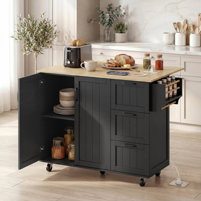Kitchen Island with Drop Leaf, Rolling Kitchen Cart with Power Outlet, Cabinet, 3 Drawers, Spice Rack, Towel Bar