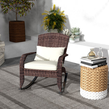 Adirondack Chair, Outdoor Wicker Rocking Chair with High Back, Seat Cushion and Pillow for Porch, Balcony, Cream/Brown