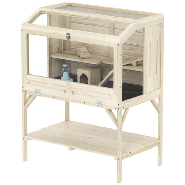 Wooden Hamster Cage with Openable Top, Water Bottle, Transparent Panels for Syrian, Dwarf Hamsters and Gerbils, Natural