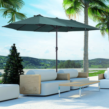 15ft Double-sided Patio Umbrella with Twin Canopy, Extra Large Outdoor Parasol with Crank for Pool, Deck, Market, Dark Green