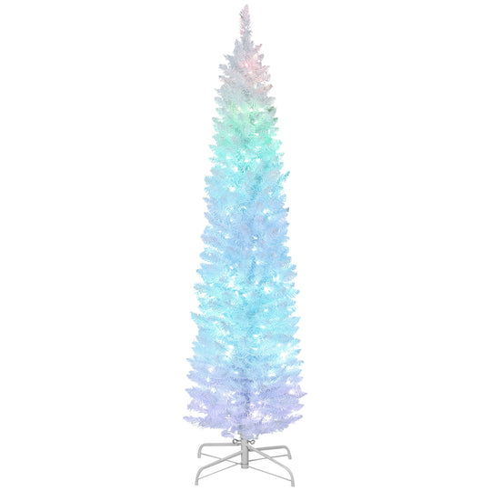 6ft Christmas Tree with Colourful DIY Synchronized LEDs, Hinged Pencil Xmas Tree with Remote, Daily Timer, White