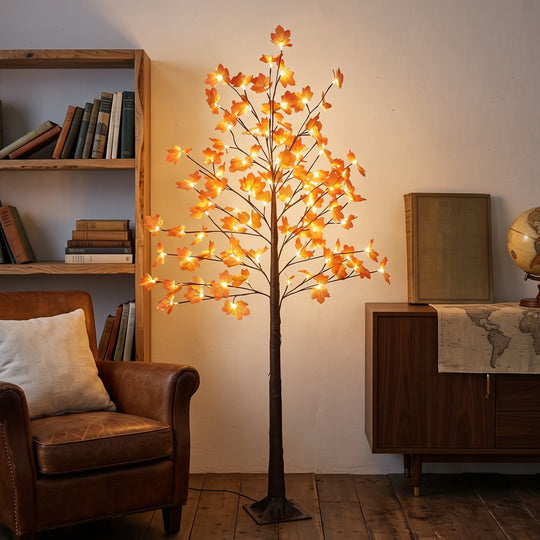 6FT Artificial Lighted Maple Tree with 96 LED Lights, Daily Timer, Fall Decoration with Bendable Branches