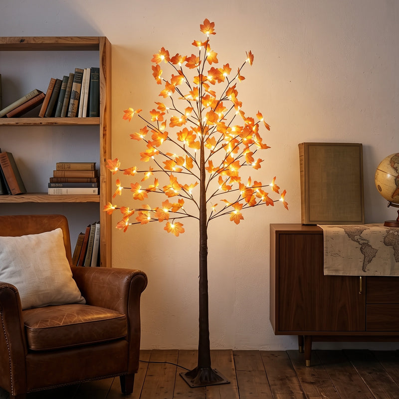 6FT Artificial Lighted Maple Tree with 96 LED Lights, Daily Timer, Fall Decoration with Bendable Branches