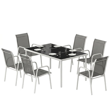 7 Piece Garden Dining Set, Garden Furniture Set with Rectangle Table and 6 Stackable Chairs, Grey