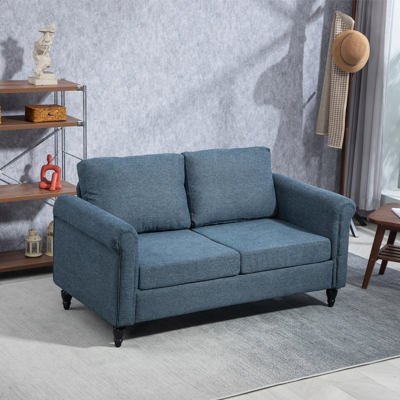 Vintage Loveseat, Upholstered Love Seat Furniture, Chenille-feel Fabric 2 Seater Sofa Couch with Rolled Arms, Gourd-Shaped Rubber Wood Legs for Living Room, Dark Blue