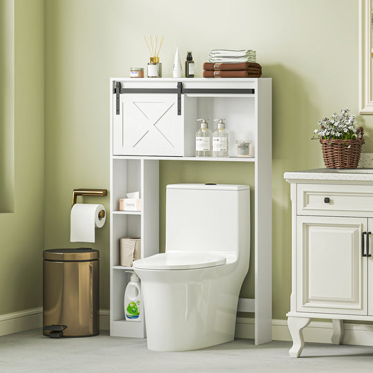 Over-Over The Toilet Storage Shelf with Sliding Barn Door, Bathroom Cabinet with Compartments & Adjustable Shelf, White