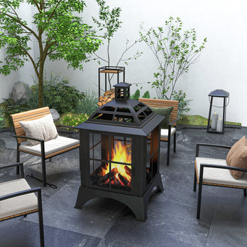 Wood-Burning Fire Pit, Chimney Style Firepit with Poker, 28