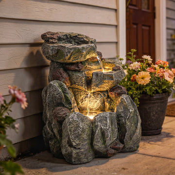 Outdoor Fountain with LED Lights Adjustable Flow Cascading Waterfall 3-Tier Rustic Rock Look Grey