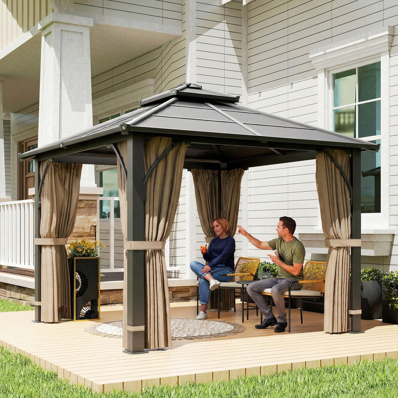 10' x 10' Hardtop Gazebo with 7mm Polycarbonate Double-Tier Roof, Outdoor Gazebo with Netting and Curtains, Khaki