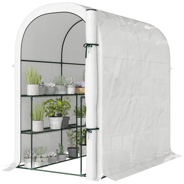 Walk-in Mini Greenhouse with Shelves, Portable Outdoor Greenhouse with Roll-up Door, 123 x 187 x 189 cm, White
