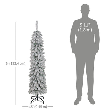 5ft Snow-Flocked Artificial Christmas Tree, Slim Pencil Xmas Tree with 301 Realistic Branches, Metal Base, Pink