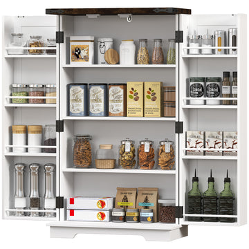 Kitchen Pantry Cabinet with 4-tier Shelving, 6 Spice Racks, Farmhouse Storage Cabinet with Adjustable Shelves, Easy Cleaning, White