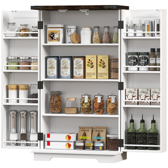 Kitchen Pantry Cabinet with 4-tier Shelving, 6 Spice Racks, Farmhouse Storage Cabinet with Adjustable Shelves, Easy Cleaning, White