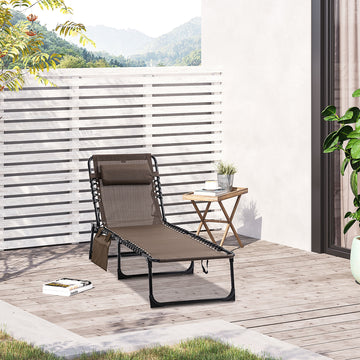 Outdoor Folding Chaise Lounge, Reclining Lounge Chair with Adjustable Backrest and Removable Pillow, Brown