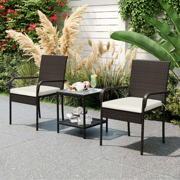 3 Piece Wicker Patio Furniture Set with Stackable Chairs, Washable Cushion, Tempered Glass Top, for Backyard, Brown