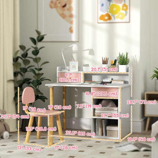 Kids Study Table and Chair Set, Kids Desk and Chair Set w/ Storage and Shelves, for 3-8 Year Old, Pink