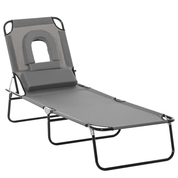 Adjustable Outdoor Lounge Chair, Garden Folding Chaise Lounge with Face Hole Reclining Tanning Chair Seat, Folding Camping Beach Lounging Bed w/ Support Pillow, Grey